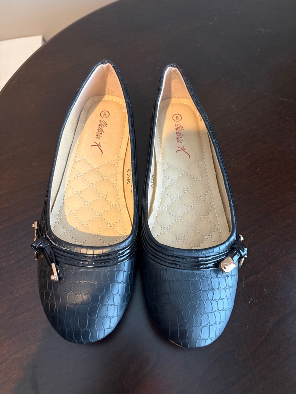 Victoria K Black Croc-Embossed Ballet Flats with Gold Charm Accent